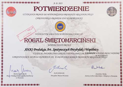 Certyfikat autentyczności Rogali świętomarcińskich dla firmy ANAJ z Puszczykowa